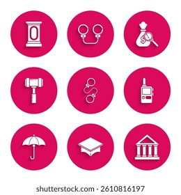 Set Handcuffs, Graduation cap, Courthouse building, Walkie talkie, Umbrella, Judge gavel, Money bag magnifying glass and Stage stand or debate podium rostrum icon. Vector