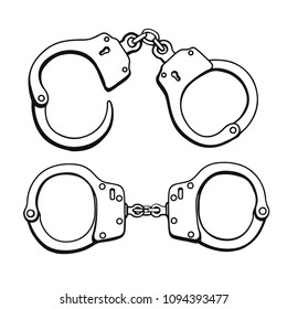 Set of Handcuffs. Hand drawn Engraving vintage vector black. Isolated on white background. Stylish design with sketch illustration