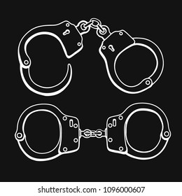 Set of Handcuffs. Hand drawn Engraving vintage vector black. Isolated on black background. Stylish design with sketch illustration