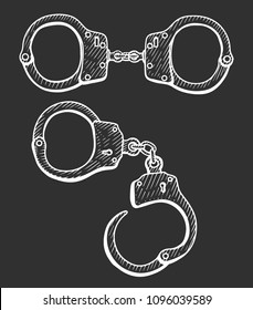 Set of Handcuffs. Hand drawn Engraving vintage vector black. Isolated on black background. Stylish design with sketch illustration