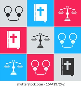 Set Handcuffs, Holy bible book and Scales of justice icon. Vector