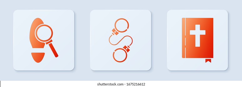 Set Handcuffs, Magnifying glass with footsteps and Holy bible book. White square button. Vector