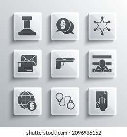 Set Handcuffs, Oath on the Holy Bible, Prisoner, Pistol or gun, International law, Envelope, Stamp and Hexagram sheriff icon. Vector