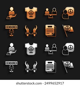 Set Handcuffs on hands of criminal, Peace talks, Document, Censored stamp, Gender equality, Life insurance and  icon. Vector
