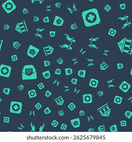 Set Handcuffs on hands of criminal, Hospital signboard, Mail e-mail and Courthouse building on seamless pattern. Vector