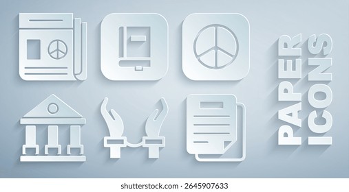 Coloque algemas nas mãos do criminoso, Paz, edifício do tribunal, Documento, Livro de lei e ícone de notícias. Vetor