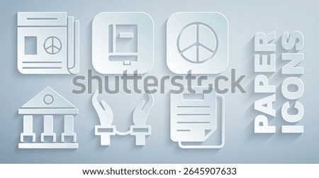 Set Handcuffs on hands of criminal, Peace, Courthouse building, Document, Law book and News icon. Vector
