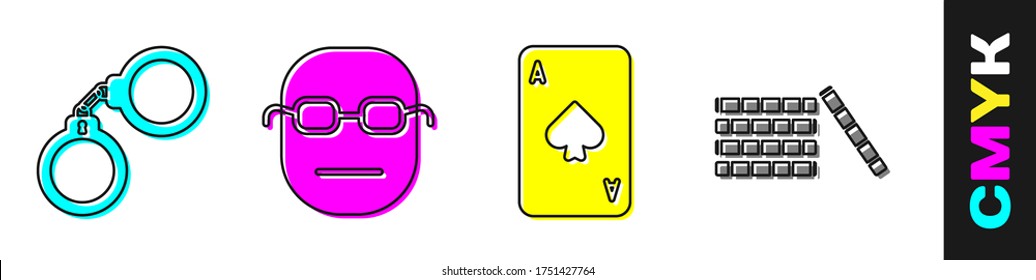 Set Handcuffs, Poker player, Playing card with spades and Casino chips icon. Vector