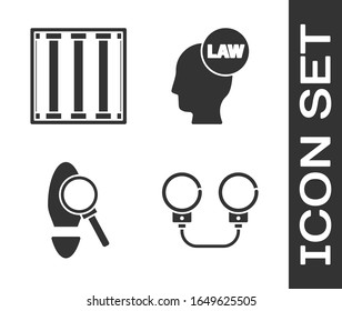 Set Handcuffs, Prison window, Magnifying glass with footsteps and Head with law icon. Vector