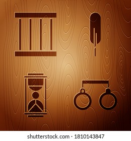 Set Handcuffs, Prison window, Old hourglass with sand and Feather pen on wooden background. Vector