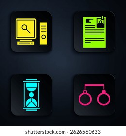 Set Handcuffs, Search on computer screen, Old hourglass with sand and Lawsuit paper. Black square button. Vector
