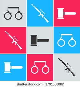 Set Handcuffs, Sniper rifle with scope and Judge gavel icon. Vector