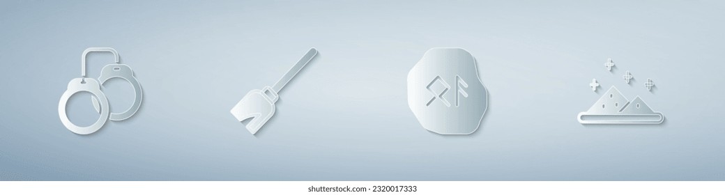 Set Handcuffs, Witches broom, Magic runes and powder. Paper art style. Vector