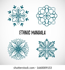 Set of hand-draw blue mandala icon with text on vignette background. Doodle design. Vector ethnic illustration for decoration card, events, wrapping paper, textile. Collection of 4 ornaments, tattoo.