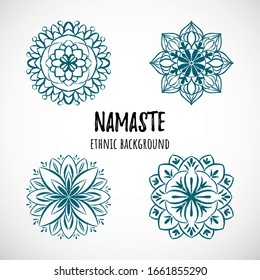 Set of hand-draw blue mandala icon with text on vignette background. Doodle design. Vector ethnic illustration for decoration card, events, wrapping paper, textile. Collection of 4 ornaments, tattoo.