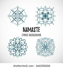 Conjunto de icono de mandala azul dibujado a mano con texto en fondo de viñeta. Diseño de Doodle. Ilustración étnica vectorial para la tarjeta de decoración, eventos, papel envolvente, textil. Colección de 4 adornos, tatuaje.