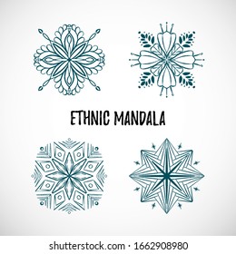 Set of hand-draw blue mandala icon with text on vignette background. Doodle design. Vector ethnic illustration for decoration card, events, wrapping paper, textile. Collection of 4 ornaments, tattoo.