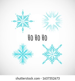 Set of hand-draw blue snowflake icon with text on vignette background. Doodle design. Vector winter illustration for holidays card, events, wrapping paper, textile. Collection of 4 winter symbols.