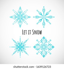 Set of hand-draw blue snowflake icon with text on vignette background. Doodle design. Vector winter illustration for holidays card, events, wrapping paper, textile. Collection of 4 winter symbols.