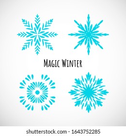 Set of hand-draw blue snowflake icon with text on vignette background. Doodle design. Vector winter illustration for holidays card, events, wrapping paper, textile. Collection of 4 winter symbols.