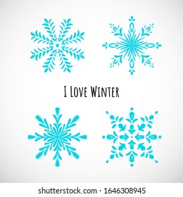 Set of hand-draw blue snowflake icon with text on vignette background. Doodle design. Vector winter illustration for holidays card, events, wrapping paper, textile. Collection of 4 winter symbols.