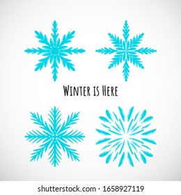 Set of hand-draw blue snowflake icon with text on vignette background. Doodle design. Vector winter illustration for holidays card, events, wrapping paper, textile. Collection of 4 winter symbols.
