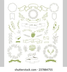 Set of hand-draw doodles. Flowers, branches, border, arrows, ribbons, decor elements. Easy to make design templates and logo. For holidays design.