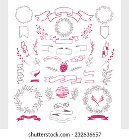 Set of hand-draw elements. Doodles. Ribbon set. Flowers, branches, border, arrows, ribbons for decor. Easy to make design templates and logo. 