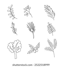 Set of hand-draw  twigs for winter design. Vector illustration black on a white 