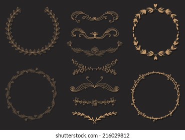 Set of hand-draw vector victory laurel wreaths and elements for stationary. Easy to edit and change colors.
