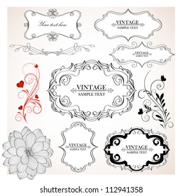 Set of  hand-drawing calligraphic floral frames and design elements. Vector illustration.