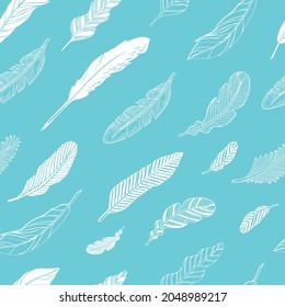 Set of hand-drawing color feathers.
