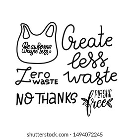 Set of hand-drawing inscriptions on a theme Zero Waste, black on a white background. It can be used for cards, brochures, poster, t-shirts, mugs and other promotional materials.