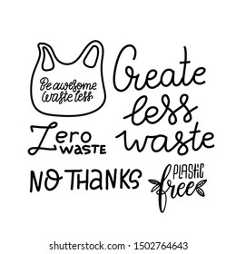 Set of hand-drawing inscriptions on a theme Zero Waste, on a white background. It can be used for cards, brochures, poster, t-shirts, mugs and other promotional materials.