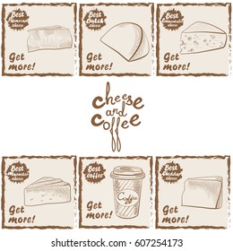 Set. Hand-drawing pieces of different cheese and a Cup of coffee. Hand lettering - cheese and coffee