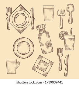 Set of hand-drawing strokes. Dishes, objects, serving, spoons, forks and knives. Vector symbols. All elements are isolated.