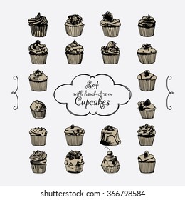 A set of hand-drawn 20 cupcakes. Vector cupcake illustration. Set of hand drawn cupcakes. Doodle cakes with cream and berries.