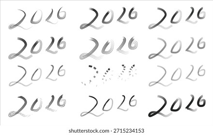 Set of hand-drawn 2026 typography in bold minimalist style. A collection of icons lettering for New Year designs. Organic, calligraphic numbers for calendars and posters. Illustrations for holiday.