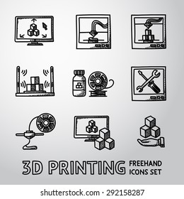 Set of handdrawn 3D Printing icons with - printers, pc with 3d app, scanner, printing process, maintaining, plastic. Vector