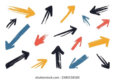 A set of hand-drawn abstract arrow set. vector illustration of arrows isolated on a white background. Colorful grunge design elements for a logo or symbol in a simple brush stroke style.