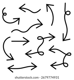 A set of hand-drawn abstract arrows with curved, wavy, and circular lines.