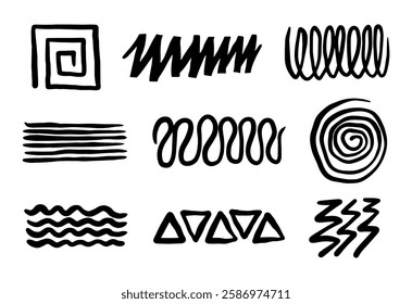 A set of hand-drawn abstract black line patterns on a white background. Includes spirals, waves, zigzags, and geometric shapes