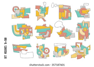 Set of hand-drawn abstract figures made of colored flat blocks. Vector icons set