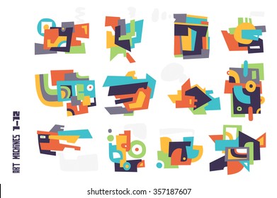 Set of hand-drawn abstract figures made of colored flat blocks. Vector icons set