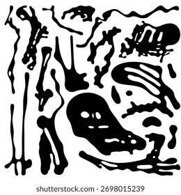 Conjunto de formas abstratas de tinta grunge desenhadas à mão. Coleção vetorial de formas agressivas e caóticas de pinceladas para cartazes de música, design de roupas de rua e planos de fundo dinâmicos.