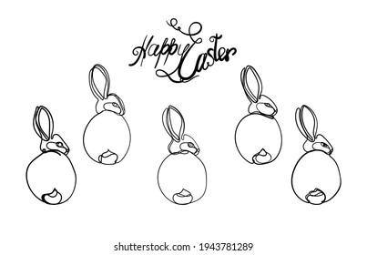 Un conjunto de conejos abstractos dibujados a mano en un estilo de línea de arte simple con líneas negras con la inscripción Feliz Pascua. Ilustración de concepto aislada en un fondo blanco.