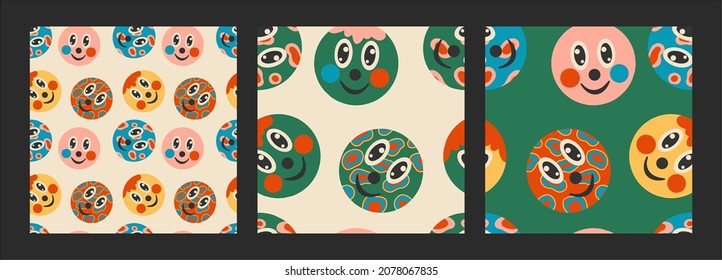 Conjunto de formas abstractas dibujadas a mano, graciosos y lindos personajes cómicos, patrón sin fisuras, adorno. Estilo de caricatura. Diseño plano. Ilustración vectorial.