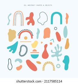 Satz handgezeichneter abstrakter Formen und Objekte: Flecken, Regenbogen, Linien. Sammlung von minimalistischen Gegenwartsdrucken. Ideal für Kinder-Print, Poster, Kindergartendekoration,