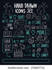 Set hand-drawn activities icons on a chalkboard