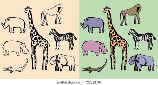 Set of hand-drawn african animals. A quick ink sketch. Black outline and colored.